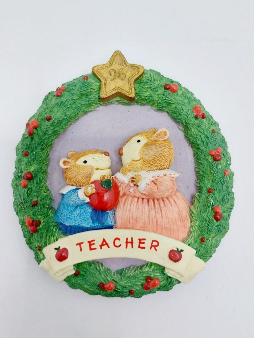 Vintage 1996 Hallmark Nina Aubé Teacher Hedgehog Wreath Ornament 3”